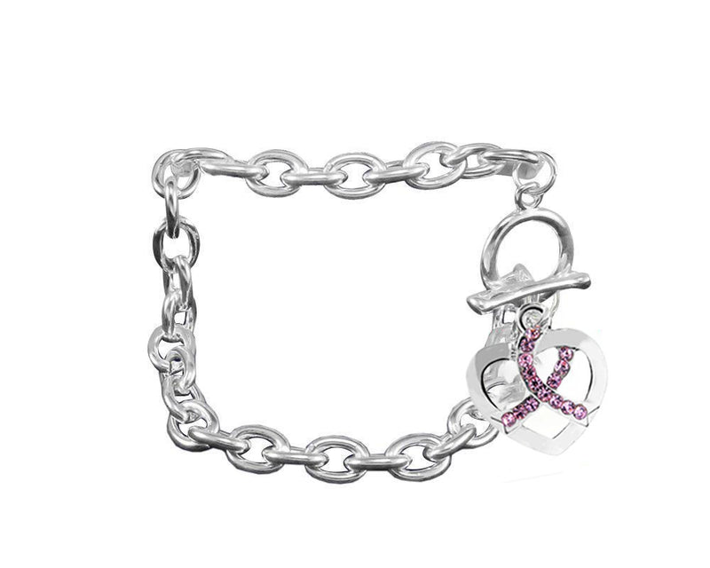 Crystal Pink Ribbon Heart Charm Silver Chunky Charm Bracelets, Bulk Pink Ribbon - The Awareness Company