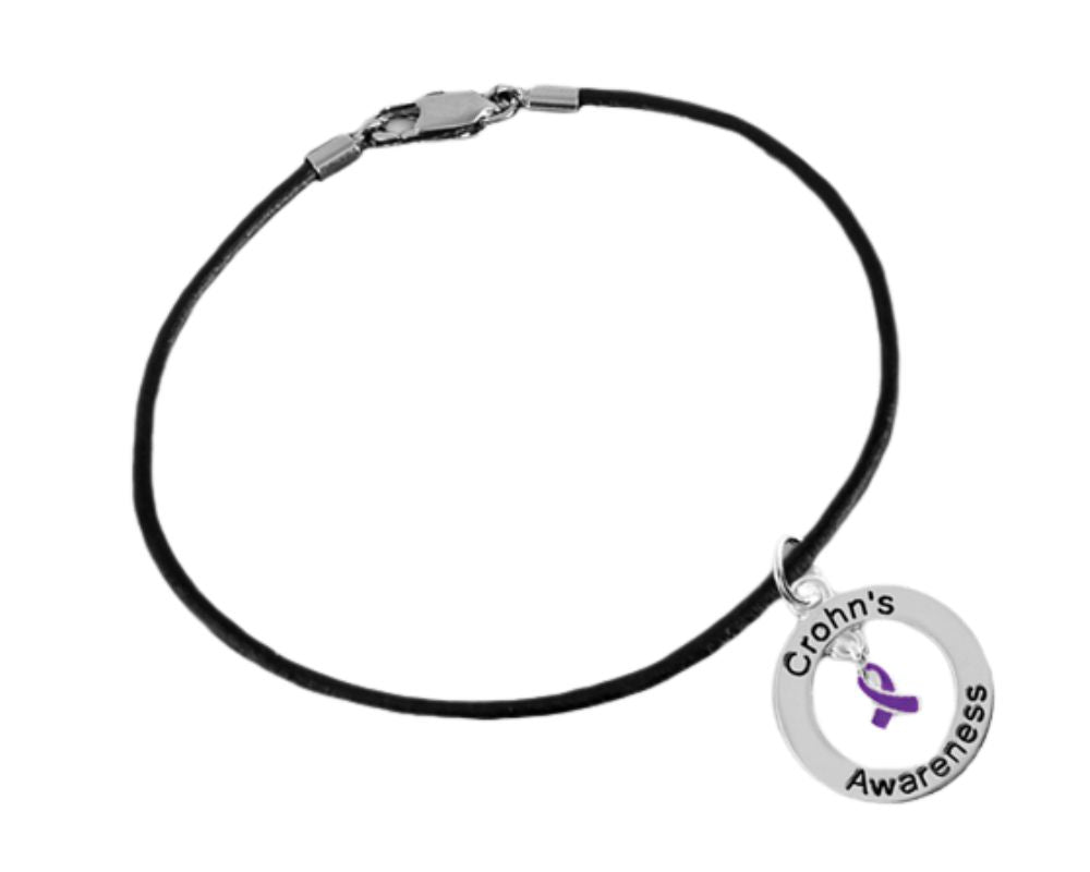 Bulk Purple Ribbon Crohn's Disease Awareness Black Leather Cord Bracelets - The Awareness Company