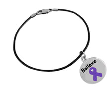 Load image into Gallery viewer, Bulk Purple Ribbon Believe Charm Black Cord Bracelets - The Awareness Company