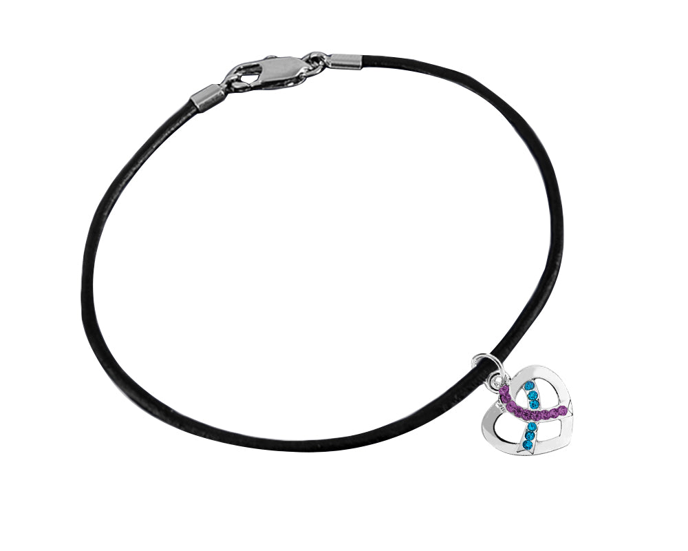 Teal & Purple Ribbon Crystal Heart Leather Cord Bracelets Wholesale