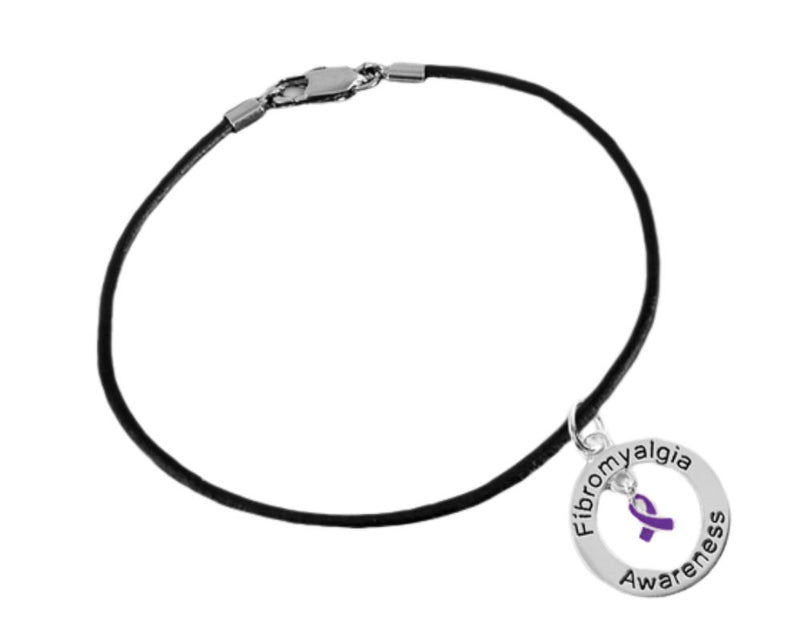 Bulk Purple Ribbon Fibromyalgia Awareness Black Leather Cord Bracelets - The Awareness Company