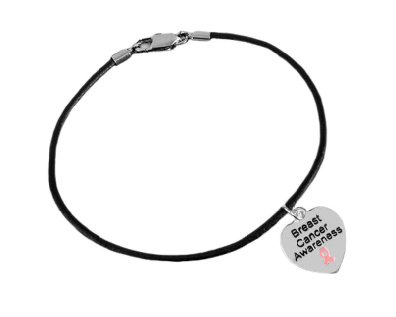 Bulk Crystal Pink Ribbon Heart Charm Leather Cord Bracelets, Breast Cancer Jewelry - The Awareness Company