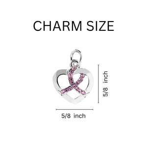 Bulk Crystal Pink Ribbon Silver Heart Ribbon Charms - The Awareness Company