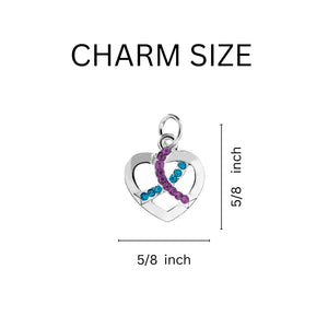 Teal & Purple Ribbon Crystal Heart Hanging Earrings - The Awareness Company