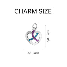 Load image into Gallery viewer, Silver Heart Crystal Teal &amp; Purple Ribbon Charms - The Awareness Company