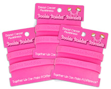 Load image into Gallery viewer, 12 Boobie Buddies Hot Pink Silicone Bracelets on Peg Cards (12 Cards, 24 Bracelets) - The Awareness Company