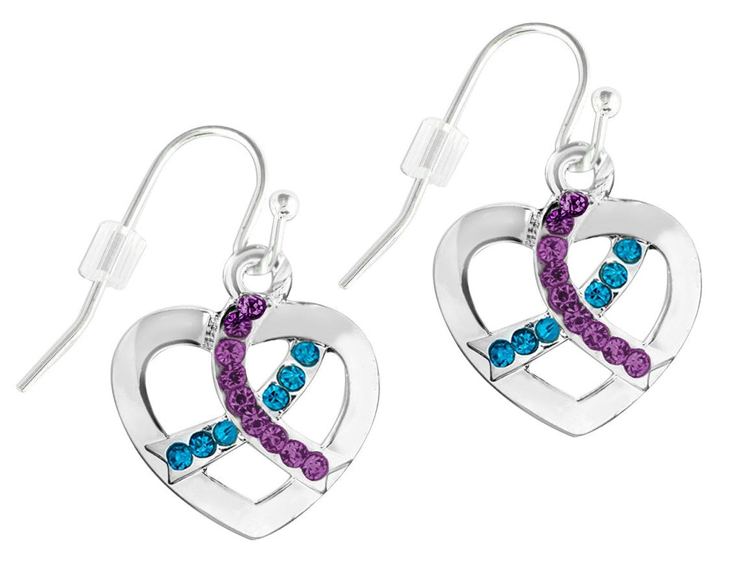 Teal & Purple Ribbon Crystal Heart Hanging Earrings - The Awareness Company