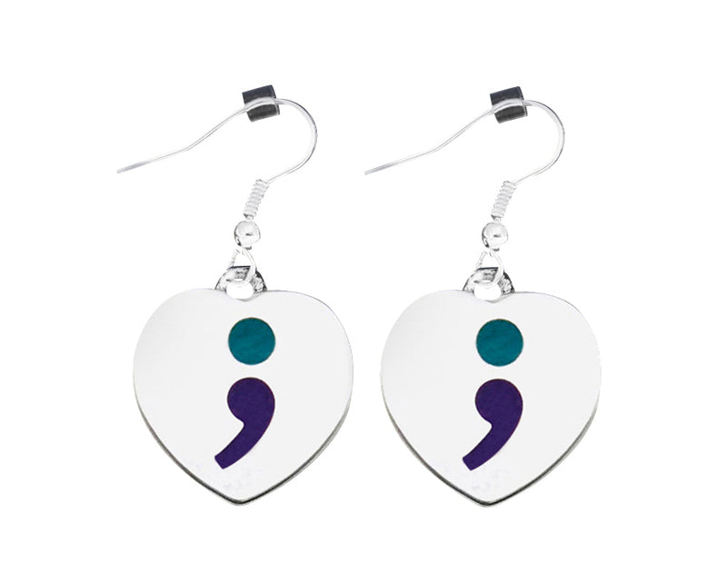Suicide Prevention Awareness Heart Shaped Semicolon Hanging Earrings - The Awareness Company
