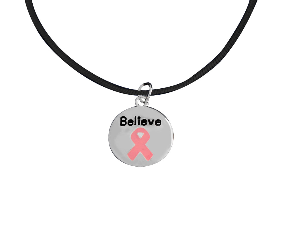 Circle Believe Pink Ribbon Leather Cord Necklaces - The Awareness Company