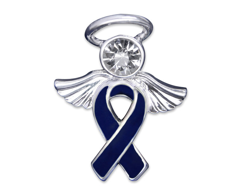 Angel Dark Blue Ribbon Awareness Pins, Bulk Colon Cancer and Child Abuse Pins - The Awareness Company