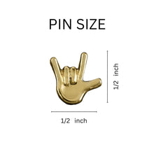Load image into Gallery viewer, Small Gold Deafness I Love You Sign Language Symbol Tac Pins Wholesale