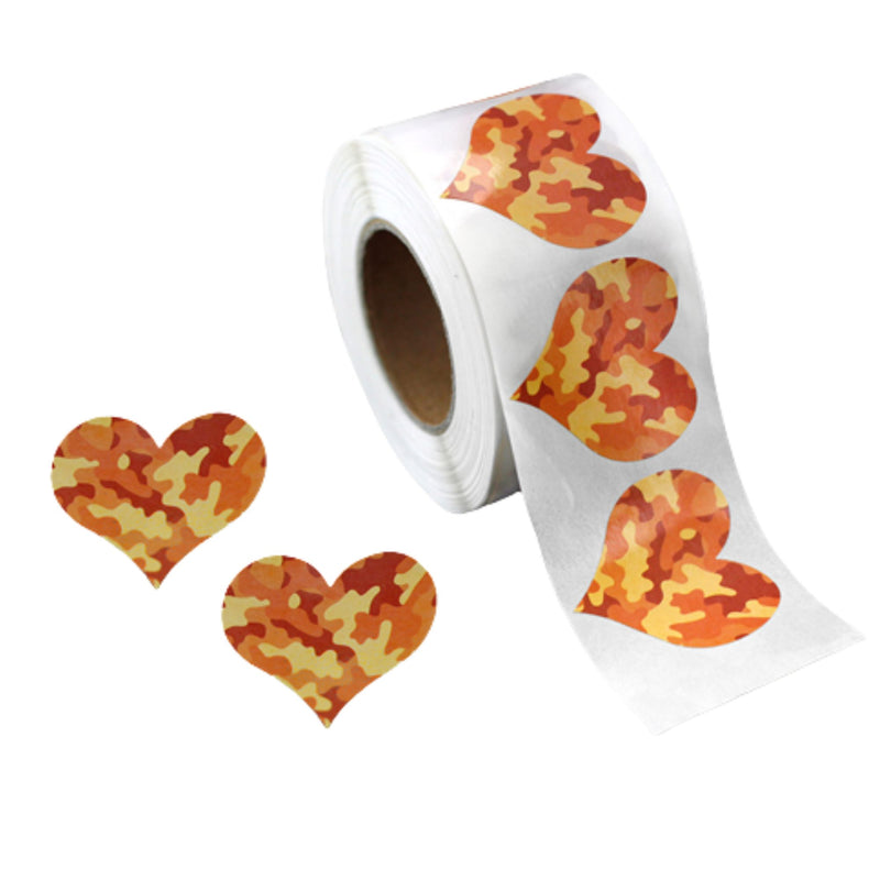 Orange Camouflage Heart Stickers, Camo Labels and Decals
