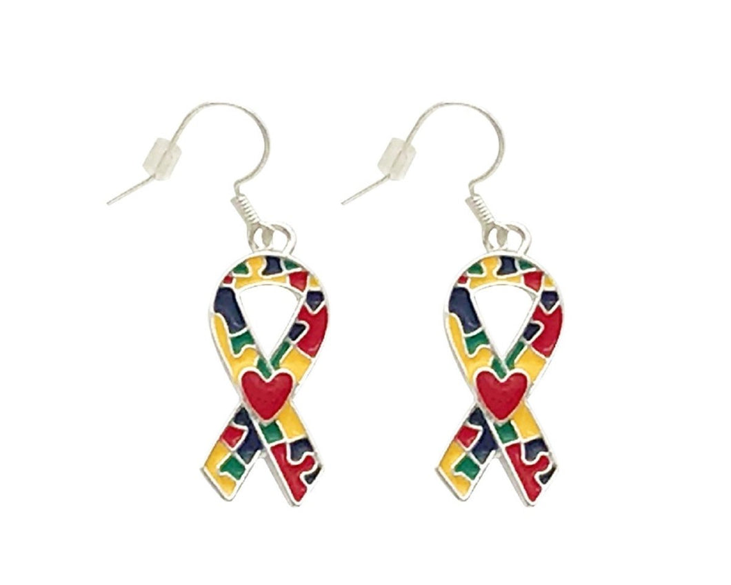 Autism Ribbon with Heart Hanging Earrings - The Awareness Company
