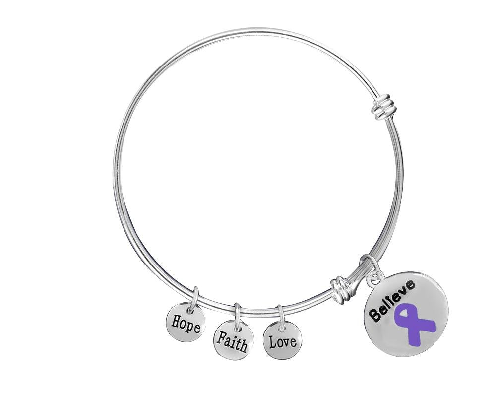 Bulk Purple Ribbon Believe Charm Retractable Bracelets - The Awareness Company