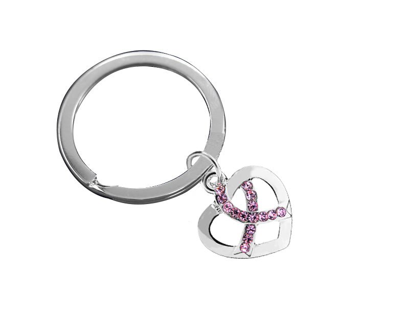 Crystal Pink Ribbon Silver Heart Split Style Keychains - The Awareness Company