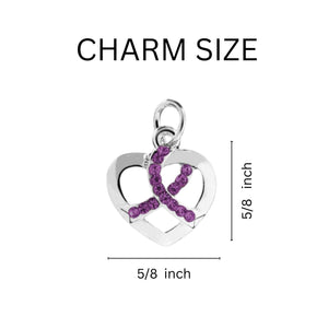 Crystal Purple Ribbon Heart Charm Leather Cord Bracelets - The Awareness Company