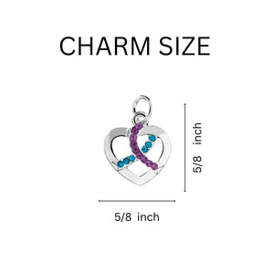 Crystal Teal & Purple Ribbon Silver Heart Hanging Charms - The Awareness Company