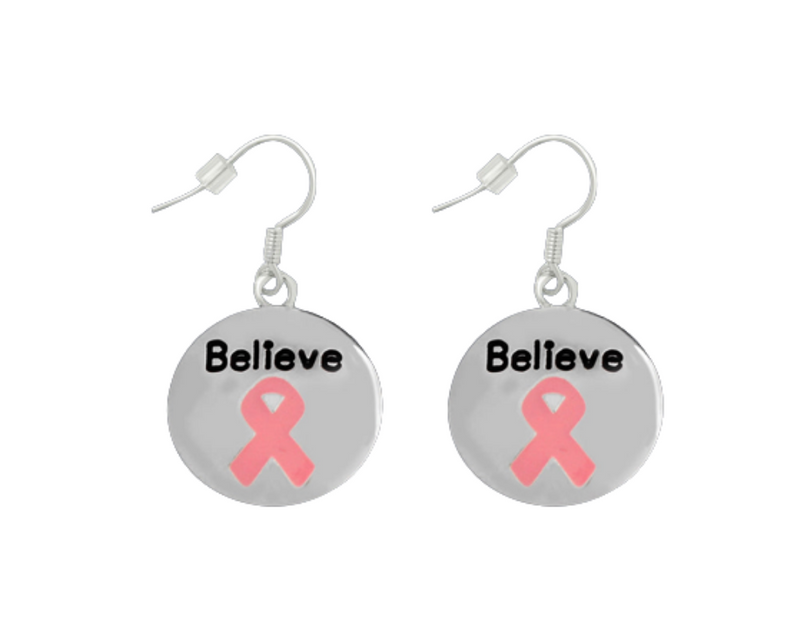 Bulk Pink Ribbon Circle Believe Earrings - The Awareness Company