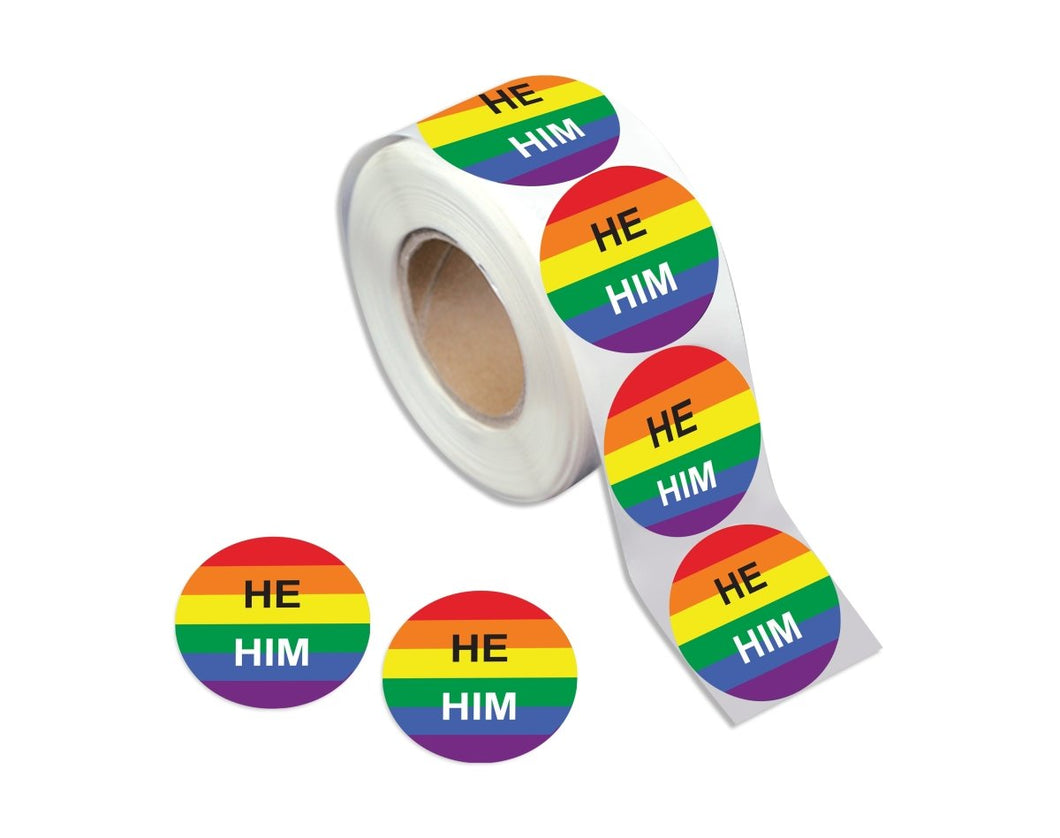 He Him Pronoun Rainbow Flag Stickers (250 Per Roll) - The Awareness Company