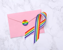 Load image into Gallery viewer, He Him Pronoun Rainbow Flag Stickers (250 Per Roll) - The Awareness Company
