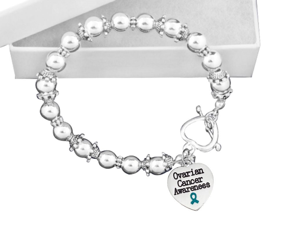 Heart Ovarian Cancer Awareness Charm Silver Beaded Bracelets - The Awareness Company