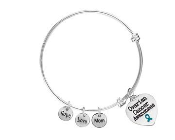 Mom Ovarian Cancer Awareness Heart Charm Retractable Bracelets - The Awareness Company