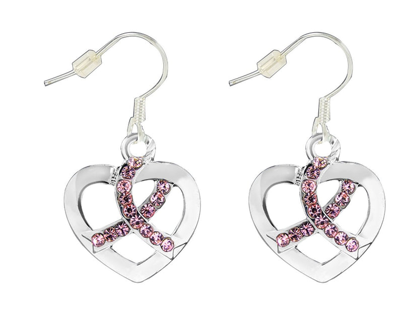 Pink Ribbon Crystal Heart Hanging Earrings - The Awareness Company