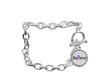 Bulk Round Believe Charm Purple Ribbon Link Style Chunky Bracelets - The Awareness Company