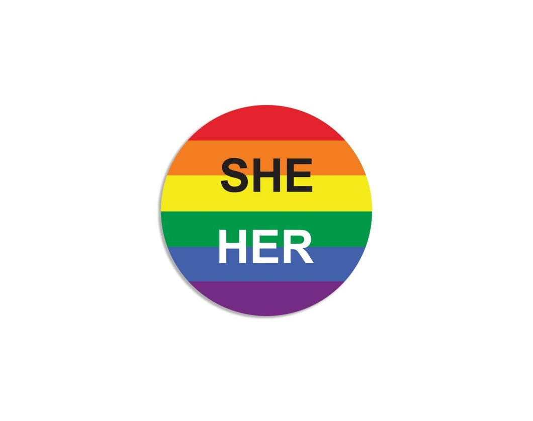 She/Her Pronoun Rainbow Flag Striped Button Pins - The Awareness Company