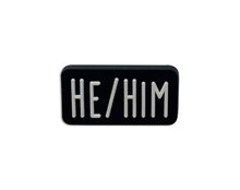 Load image into Gallery viewer, Bulk He Him Black Rectangle Silicone Pronoun Pins, Inexpensive Pride Jewelry