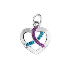 Load image into Gallery viewer, Silver Heart Crystal Teal &amp; Purple Ribbon Charms - The Awareness Company